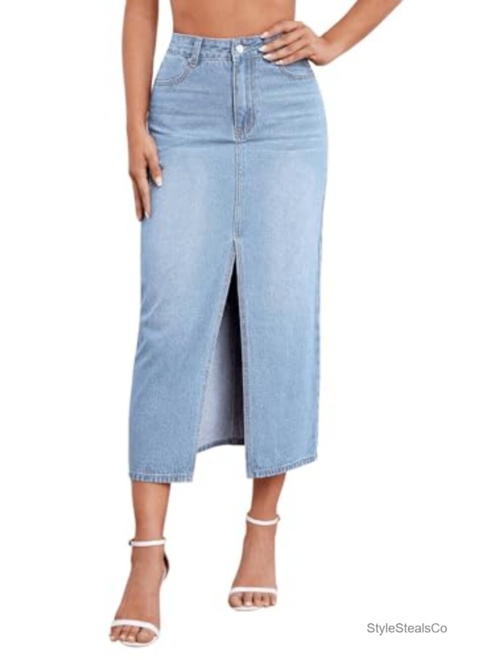 Women's Stretch Denim Midi Skirt Curve Hugging Front Slit